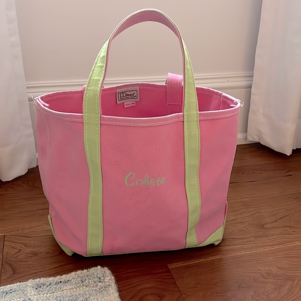 Pink and green LL Bean tote with “Colleen” inscribed
